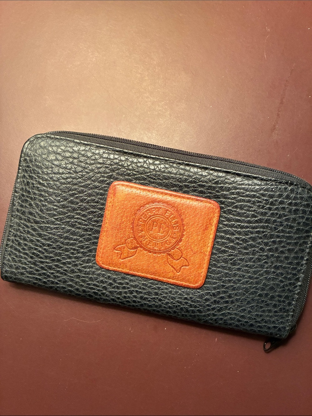 Perry Ellis Black Leather Zip Card Holder with Orange Patch